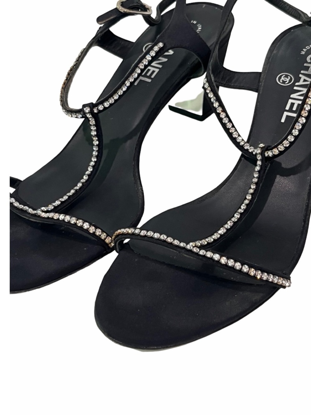 Chanel Interlocking CC Logo Black Satin T-Strap Crystal Embellished Heels EU 39 - Picture 6 of 11